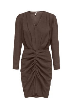 Rochie Dama Jacqueline De Yong Soro L/s Ruching Below Knee Chocolate Brown